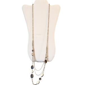 Long Silver Tone One Strand To Four Chain W/ Cream & Black Bead Necklace